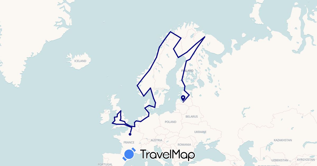 TravelMap itinerary: driving in Belgium, Germany, Denmark, Estonia, Finland, France, United Kingdom, Latvia, Netherlands, Norway, Russia, Sweden (Europe)